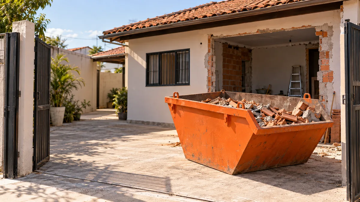 Cena ilustrativa: caçamba de entulho colocada na parte externa de uma casa, dentro do lote