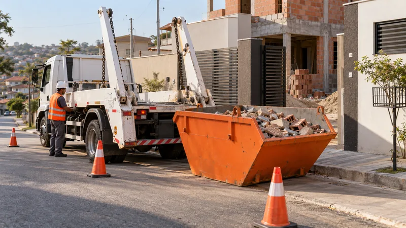 Cena ilustrativa: caçamba junto ao meio-fio, com caminhão e cones na área de entrega