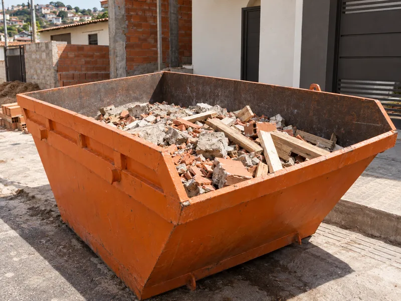 Cena ilustrativa: entulho de tijolo e concreto dentro da caçamba de entulho