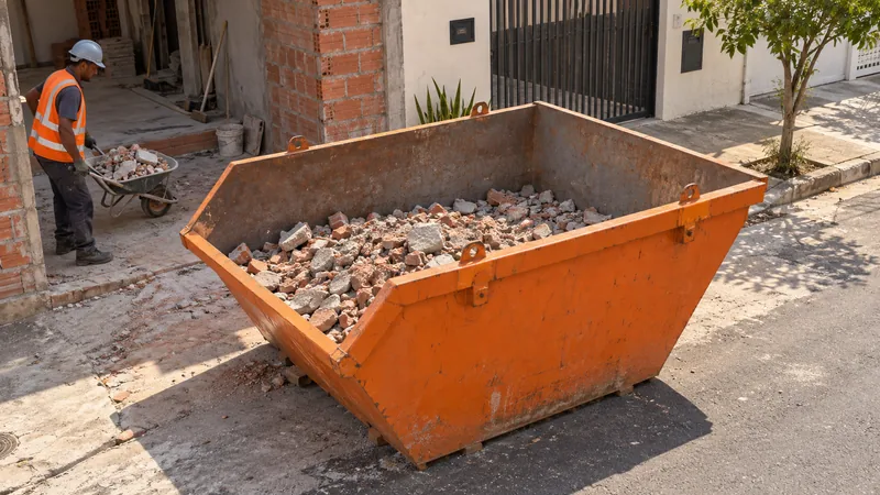 Cena ilustrativa: caçamba de 6 m³ vista de cima, com tijolo e concreto enchendo metade do volume