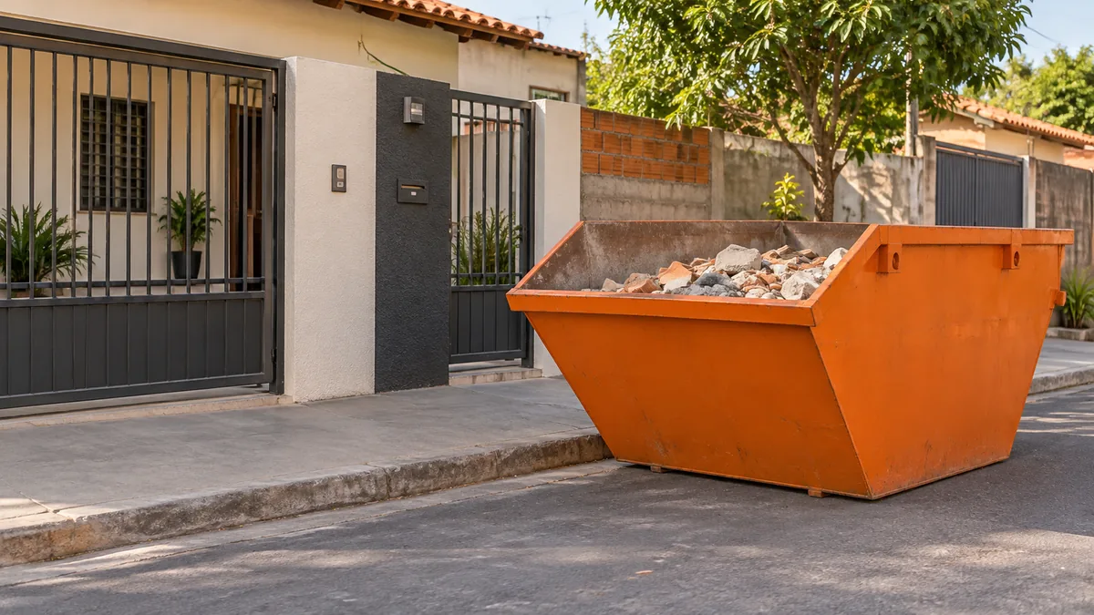 Ilustração de uma caçamba de 6 m³ entregue em frente a uma casa em Betim
