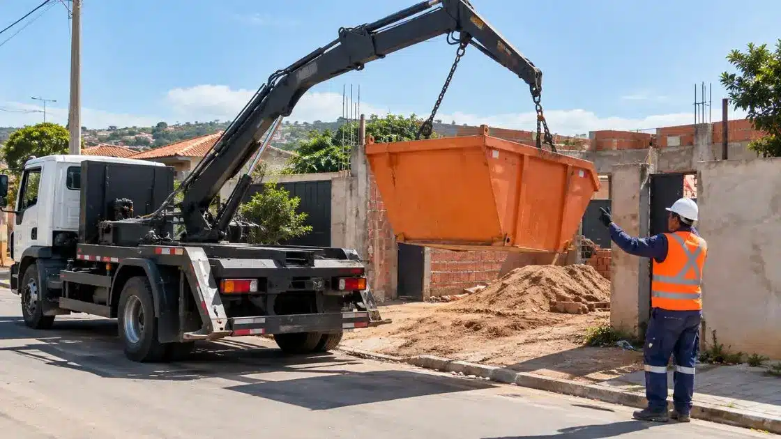 Caminhão poliguindaste posicionando caçamba de entulho no sistema roll-on/roll-off durante locação de caçamba