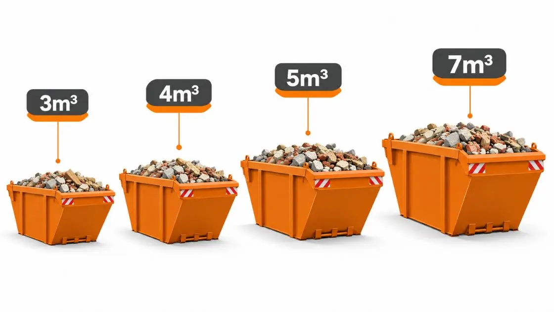 Comparativo de tamanhos de caçamba de entulho de 3 a 7 metros cúbicos para escolher na locação de caçamba