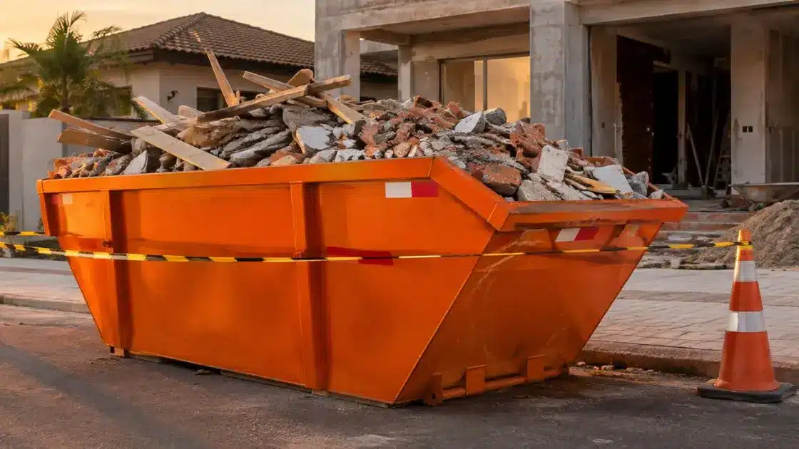 Caçamba de entulho metálica cheia de resíduo de obra em rua residencial, ilustrando o guia para locação de caçamba